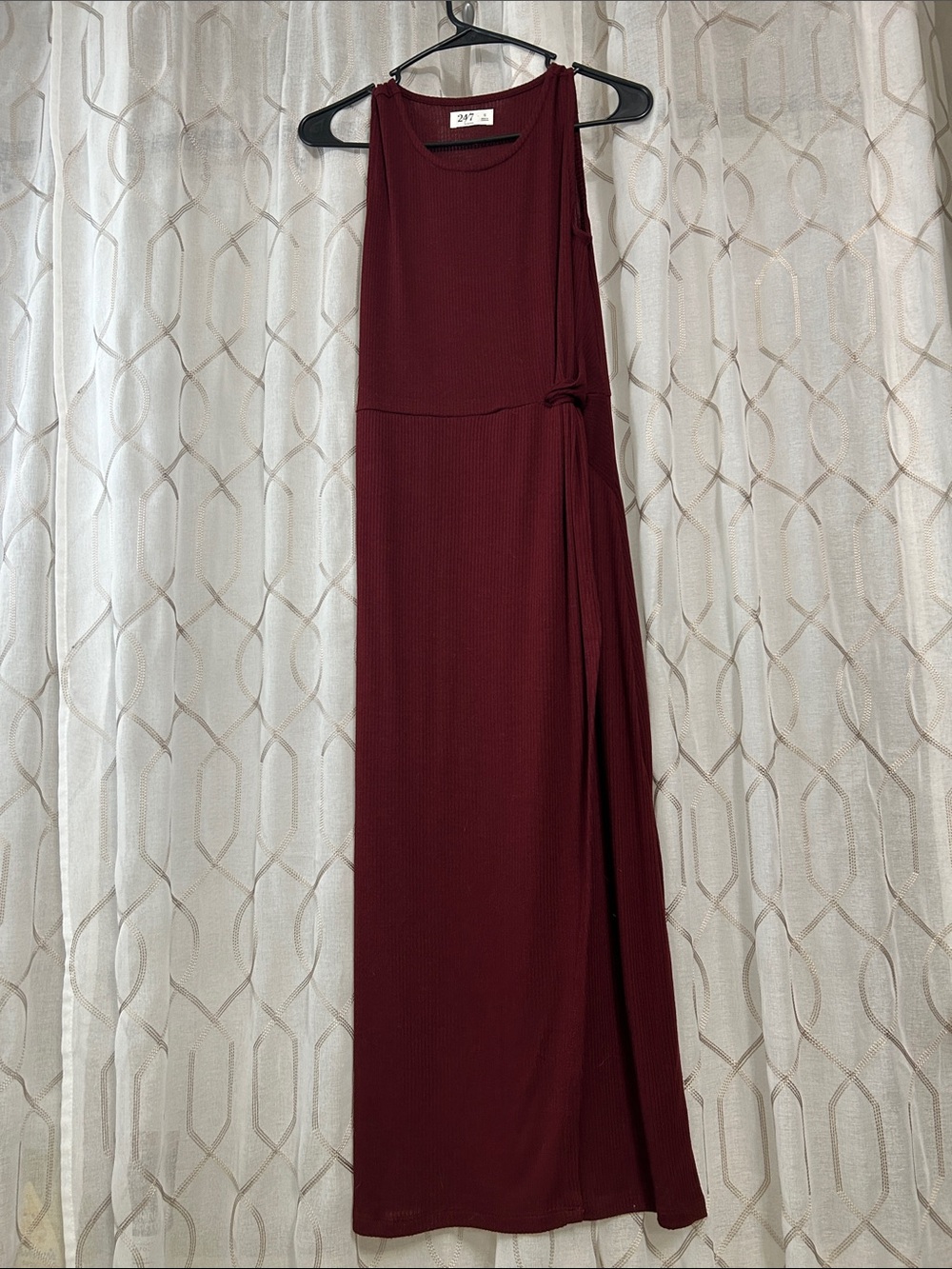 Maurices Sleeveless Ribbed Maxi Dress in Burgundy with Side Knot
